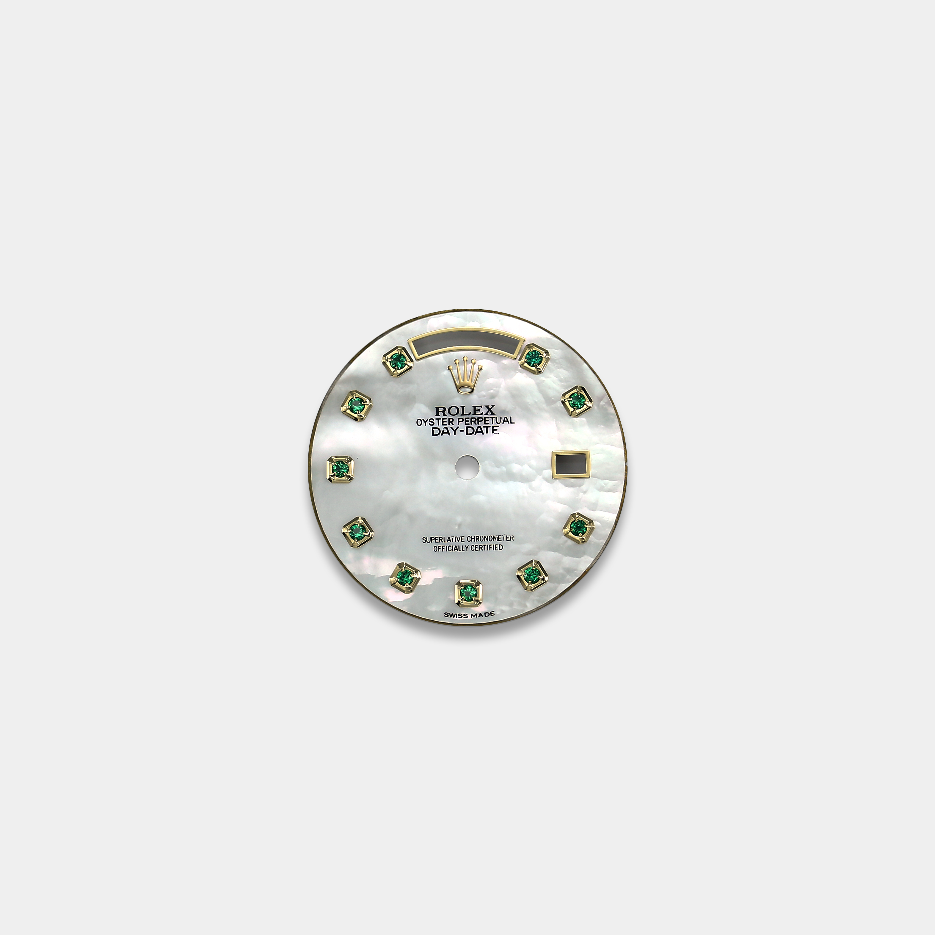 롤렉스 데이데이트 36mm 커스텀다이얼 백자개(MOP) 다이얼 옐로골드용 에메랄드 인덱스
