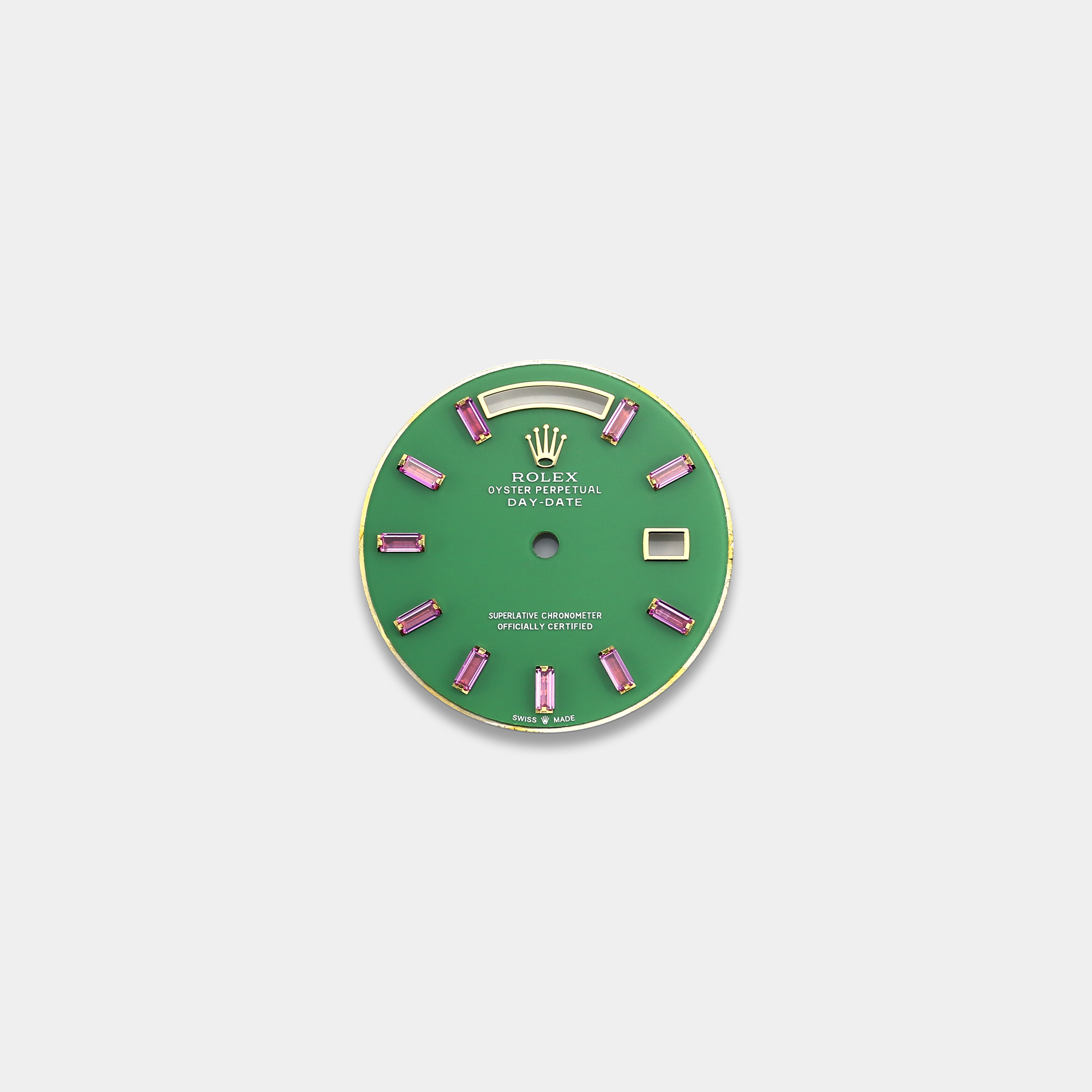 롤렉스 데이데이트 36mm 커스텀다이얼 옥(Polar Jade) 다이얼 옐로골드용 바게뜨 루비 인덱스