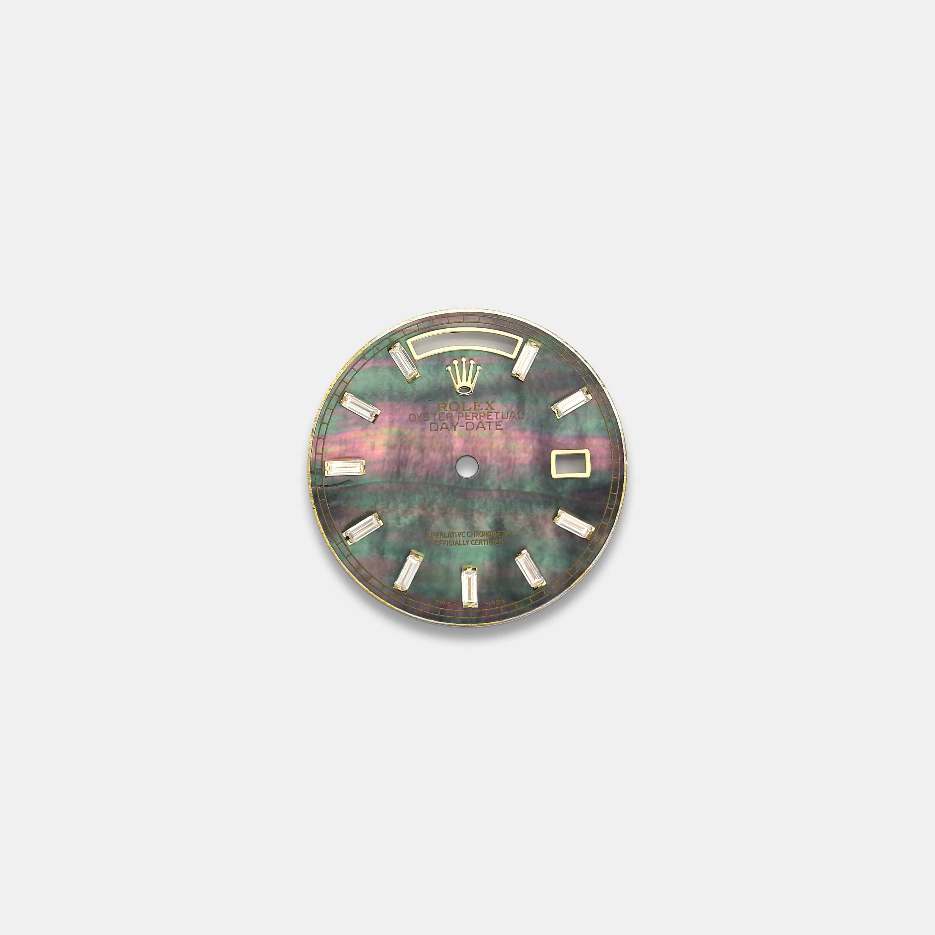 롤렉스 데이데이트 36mm 커스텀다이얼 흑자개(Tihitian MOP) 다이얼 옐로골드용 바게뜨 다이아 인덱스
