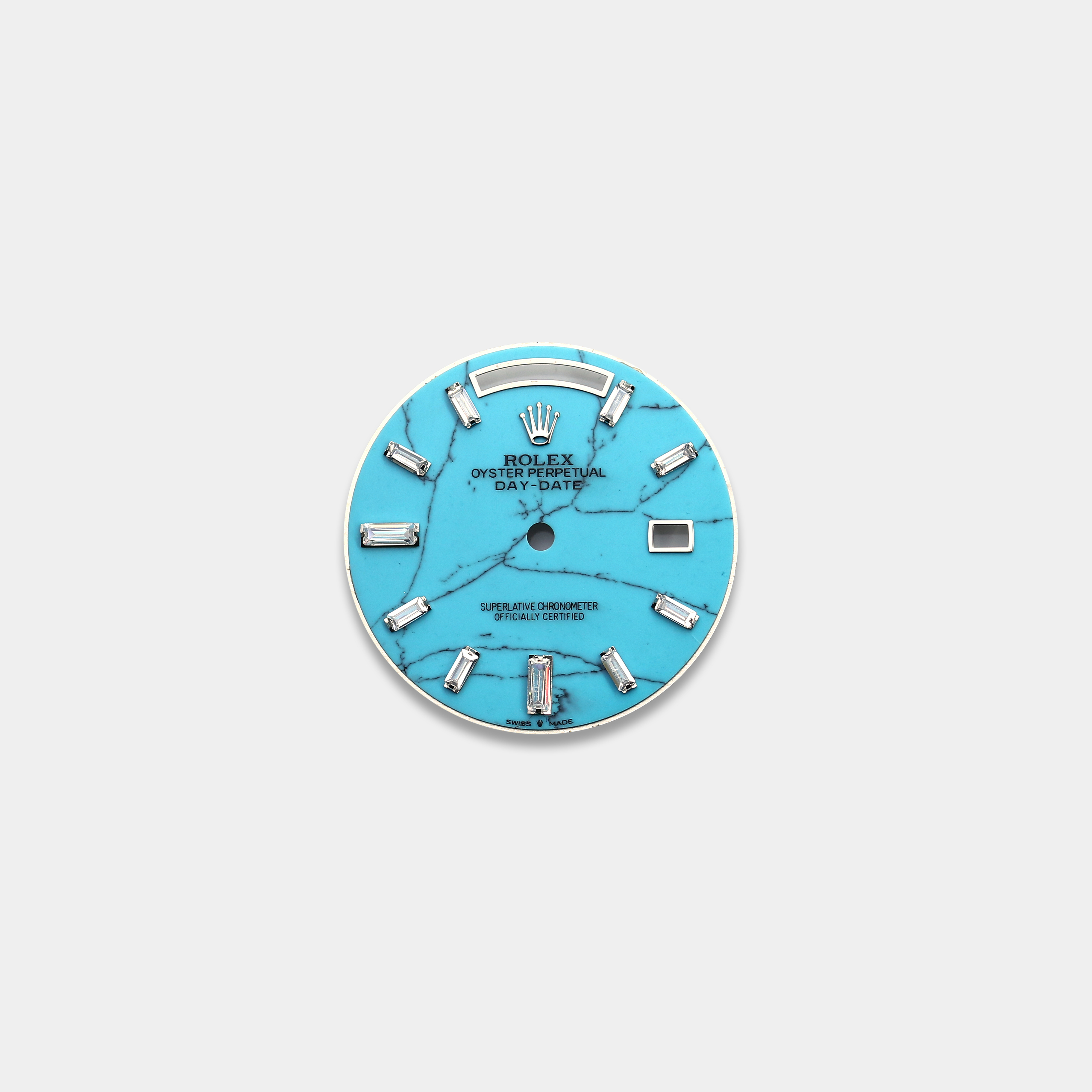 롤렉스 데이데이트 40MM 커스텀다이얼 터콰이즈(Turquoise) 다이얼 화이트골드용 바게뜨 다이아 인덱스